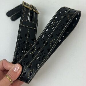Black Leather Studded Laser Cut Double Buckle Belt